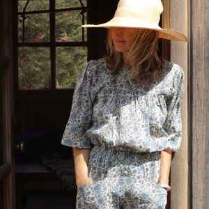 Pietsie KOS Flare Sleeve Top Madrid Floral Blue Cotton Made in USA Sz XS